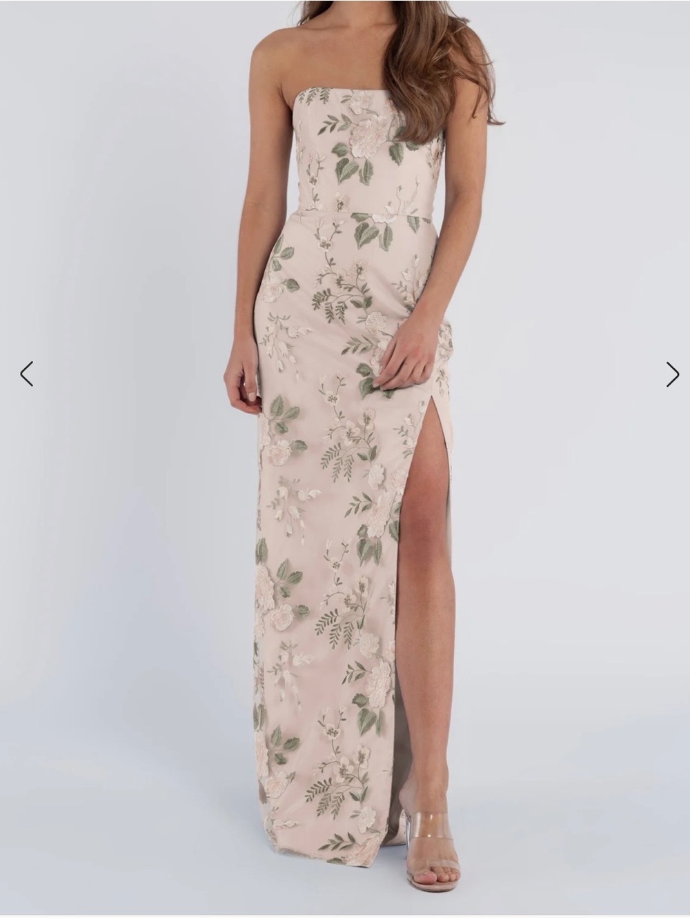 Jenny Yoo Strapless  Soft  Blush Color Floral Embroidered Column Dress